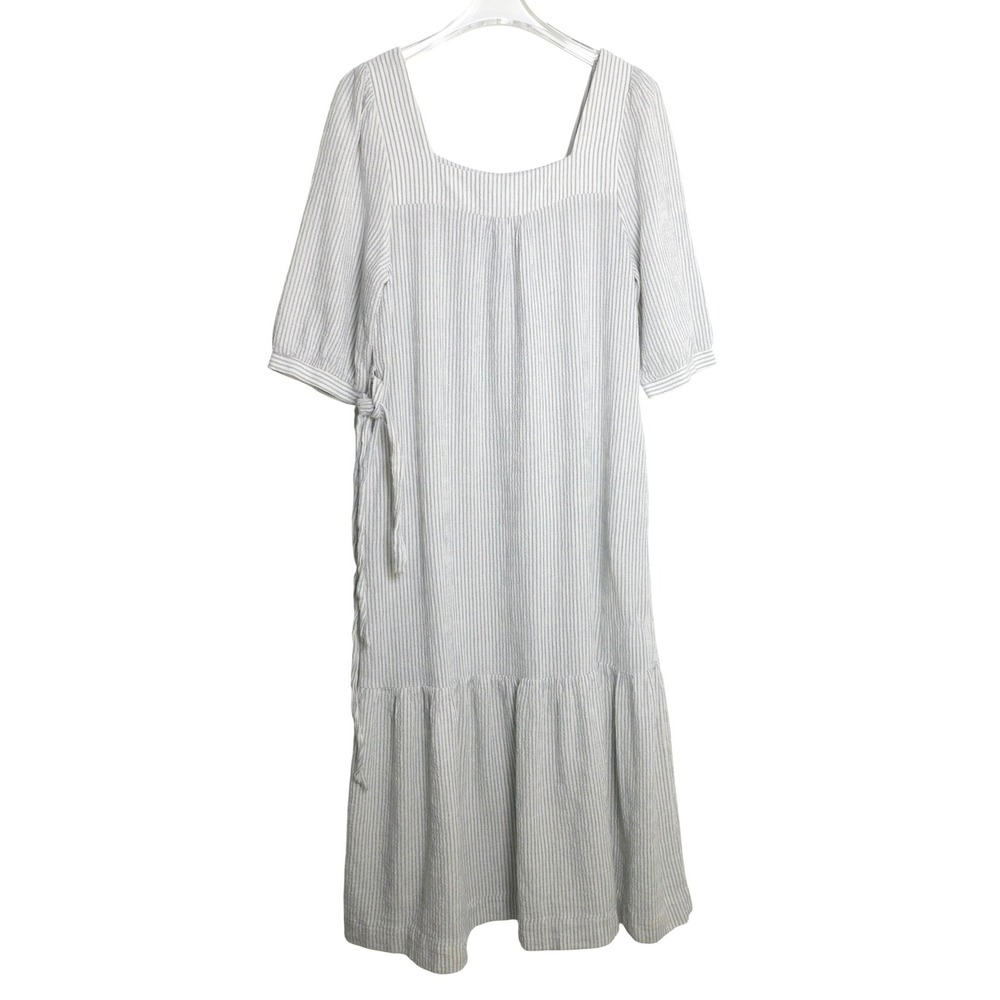Neuflora Blue White Striped Cotton Linen Square Neck Tiered Midi Dress Large